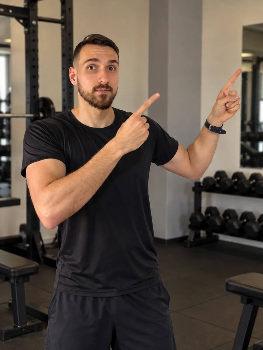 João Guilherme na academia apontando para o lado