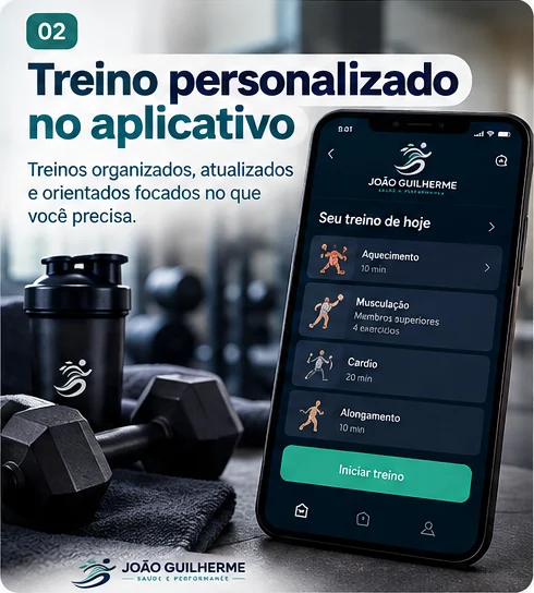 Treino personalizado no aplicativo: treinos organizados, atualizados e orientados focados no que você precisa.