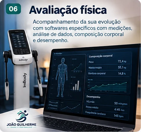 Avaliação física: acompanhamento da sua evolução com softwares específicos com medições, análise de dados, composição corporal e desempenho.