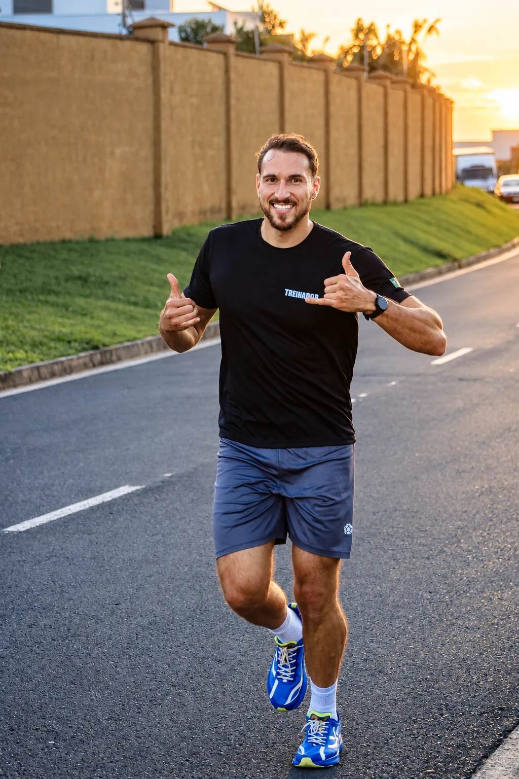 João Guilherme correndo na rua ao pôr do sol, sorrindo