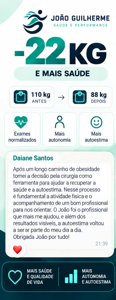 Depoimento de Daiane Santos: menos 22 kg e mais saúde, de 110 kg para 88 kg.