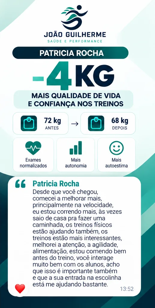 Depoimento de Patricia Rocha: menos 4 kg, mais qualidade de vida e confiança nos treinos.
